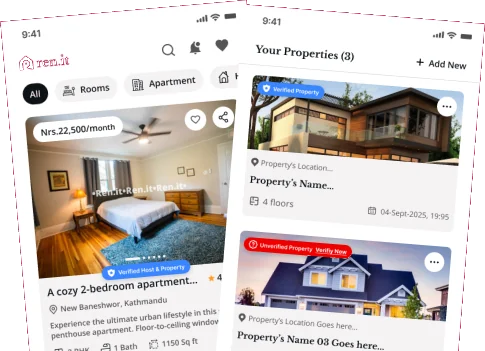 The Renit app showing verified rental listings and an owner's property dashboard